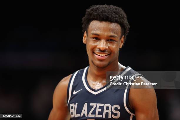 Bronny James of the Sierra Canyon Trailblazers reacts during the Hoophall West tournament against the Perry Pumas at Footprint Center on December 11,...