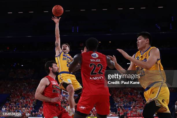 Nathan Sobey of the Bullets puts a shot up during the round two NBL match between Perth Wildcats and Brisbane Bullets at RAC Arena on December 12 in...