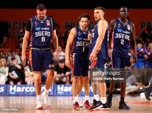 36ers players walk on to the court during the round two NBL match between Adelaide 36ers and New Zealand Breakers at Adelaide Entertainment Centre on...