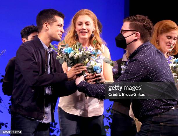 Jordan Fisher and Jessica Phillips during the reopening night curtain call for "Dear Evan Hansen" on Broadway at The Music Box Theatre on December...