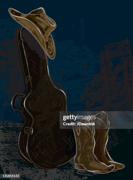 guitar case with cowboy hat and boots - country and western music stock illustrations