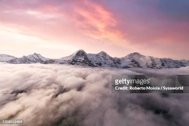 aerial view of eiger and monch peaks in fog at dawn, switzerland - switzerland alps stock pictures, royalty-free photos & images
