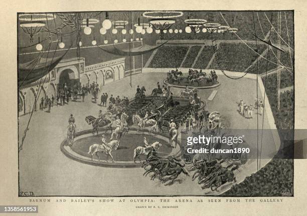 barnum and bailey's show at olympia, circus horse acrobatics, chariots, victorian, 1890s 19th century - chariot stock illustrations