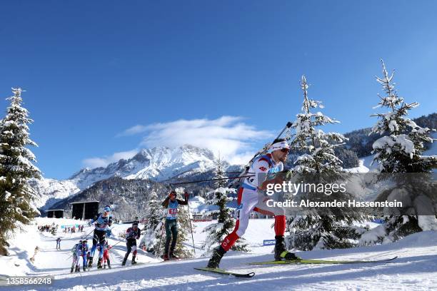 Athletes compete during the Relay Men Competition at the IBU World Cup Biathlon Hochfilzen at Biathlon Stadion on December 12, 2021 in Hochfilzen,...