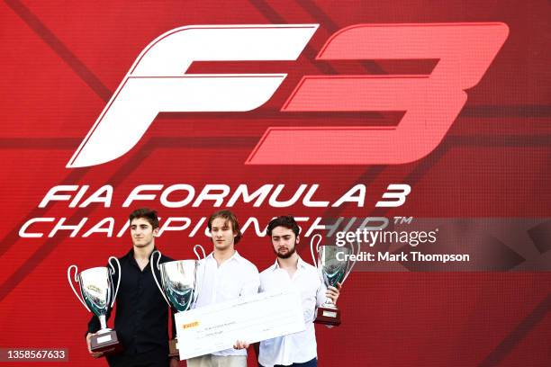 Champion Dennis Hauger of Norway and Prema Racing, Vice Champion Jack Doohan of Australia and Trident and 3rd placed Clement Novalak of France and...