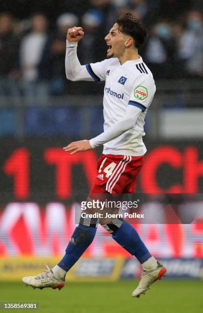 Ludovit Reis of Hamburg celebrates scoring his team's second goal during the Second Bundesliga match between Hamburger SV and FC Hansa Rostock at...