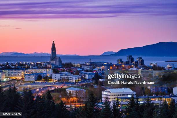 cityscape with coastline at night, reykjavik, capital region, iceland - reykjavik stock pictures, royalty-free photos & images