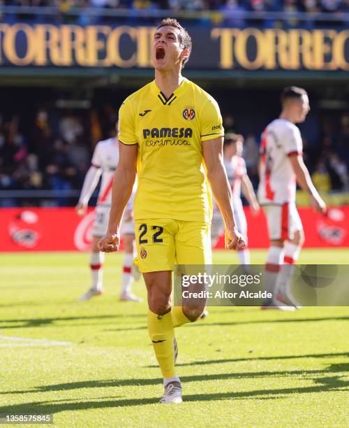 Aissa Mandi of Villarreal CF celebrates after scoring their sides first goal during the La Liga Santander match between Villarreal CF and Rayo...