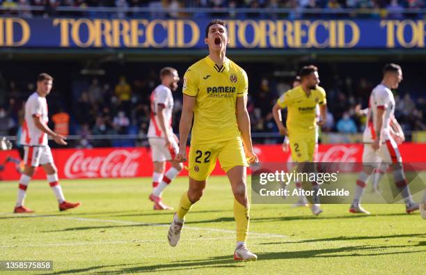 Aissa Mandi of Villarreal CF celebrates after scoring their sides first goal during the La Liga Santander match between Villarreal CF and Rayo...