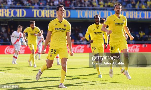 Aissa Mandi of Villarreal CF celebrates after scoring their sides first goal during the La Liga Santander match between Villarreal CF and Rayo...