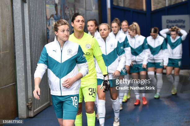 Ellen White of Manchester City Women leads her team out during the Barclays FA Women's Super League match between Birmingham City Women and...