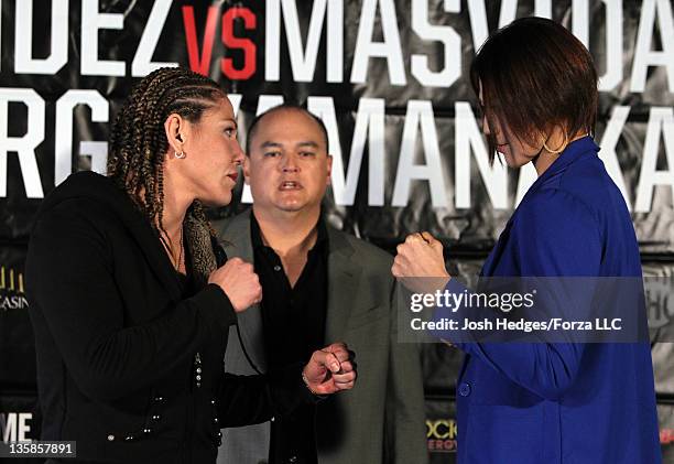 Strikeforce Womens Featherweight Champion Cristiane "Cyborg" Santos and challenger Hiroko Yamanaka face off at the Strikeforce: Melendez vs. Masvidal...