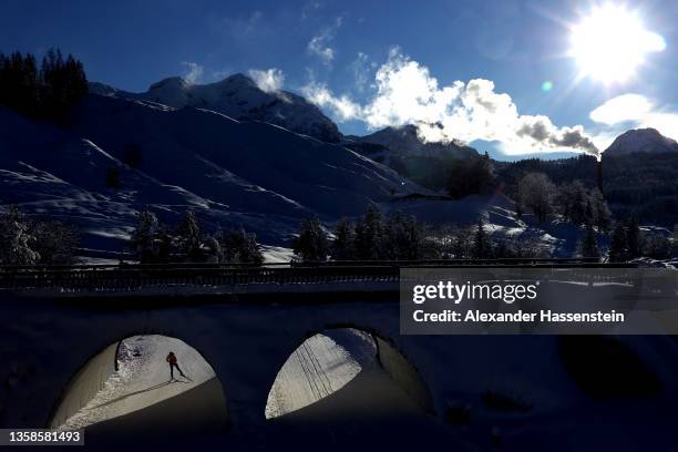 An athlete competes during the Pursuit Women Competition at the IBU World Cup Biathlon Hochfilzen at Biathlon Stadion on December 12, 2021 in...