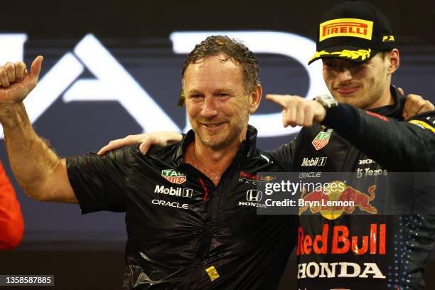 Race winner and 2021 F1 World Drivers Champion Max Verstappen of Netherlands and Red Bull Racing celebrates with Red Bull Racing Team Principal...