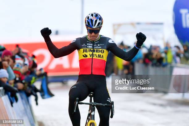 Wout Van Aert of Belgium and Team Jumbo-Visma celebrates winning 1st Val di Sole UCI Cyclo-Cross Worldcup 2021 - Men's Elite / #CXWorldCup / on...