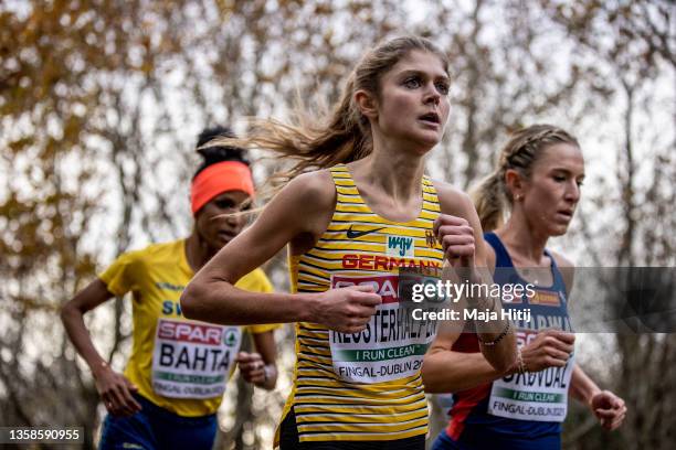 Meraf Bahta of Sweden, Konstanze Klosterhalfen of Germany and Karoline Grovdal of Norway compete during Women Senior race of SPAR European Cross...