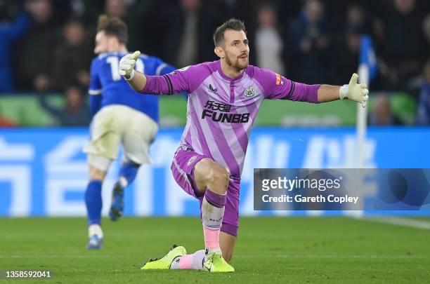 Martin Dubravka of Newcastle United looks dejected after conceding their side's fourth goal scored by James Maddison of Leicester City during the...