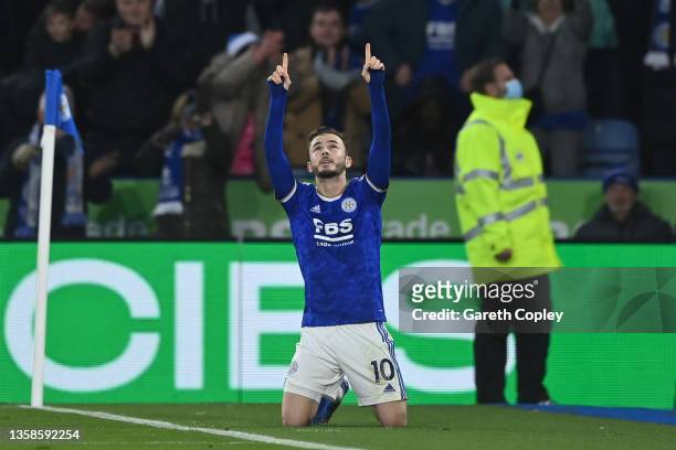 James Maddison of Leicester City celebrates after scoring their side's fourth goal during the Premier League match between Leicester City and...