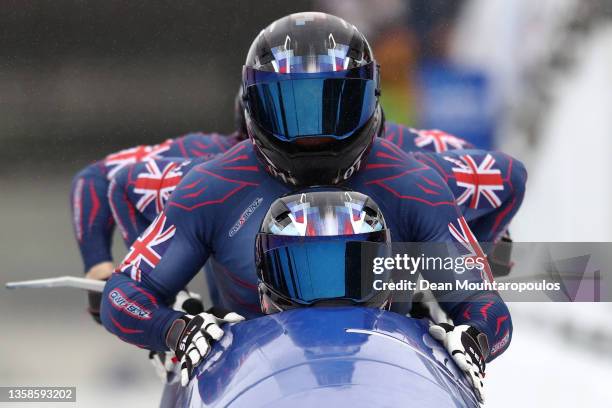Brad Hall, Taylor Lawrence, Nick Gleeson and Greg Cackett of Great Britain compete in the 4-man Bobsleigh during Day Three of the BMW IBSF World Cup...