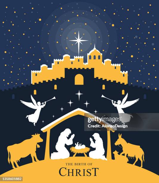 ilustraciones, imágenes clip art, dibujos animados e iconos de stock de noche santa. ¡el nacimiento de cristo! belén de navidad. - natividad