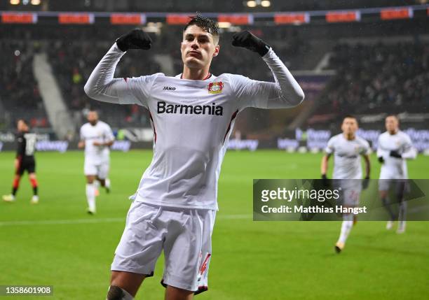 Patrik Schick of Leverkusen celebrates scoring his team's second goal from the penalty spot during the Bundesliga match between Eintracht Frankfurt...