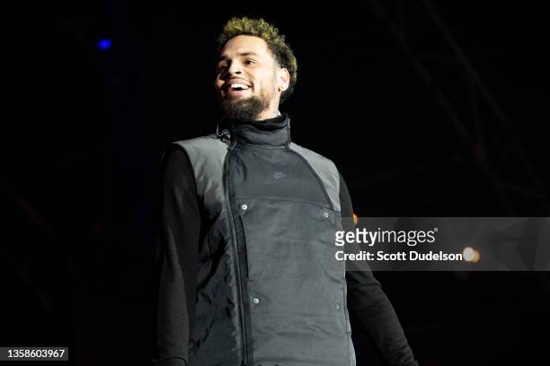 Rapper Chris Brown performs onstage during day 2 of Rolling Loud Los Angeles at NOS Events Center on December 11, 2021 in San Bernardino, California.
