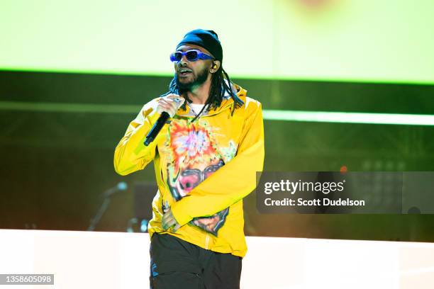 Rapper Amine performs onstage during day 2 of Rolling Loud Los Angeles at NOS Events Center on December 11, 2021 in San Bernardino, California.