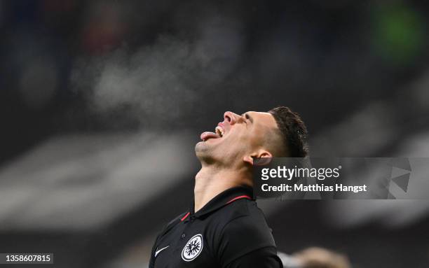 Santos Borré of Frankfurt reacts during the Bundesliga match between Eintracht Frankfurt and Bayer 04 Leverkusen at Deutsche Bank Park on December...