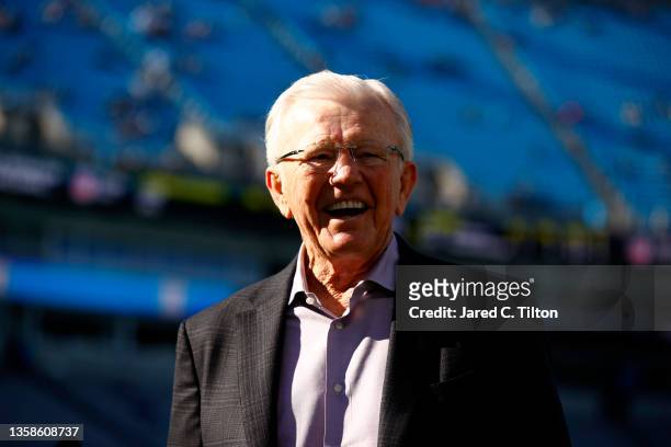 Former NFL coach and NASCAR owner and Hall of Famer, Joe Gibbs looks on prior to the game between the Carolina Panthers and the Atlanta Falcons at...