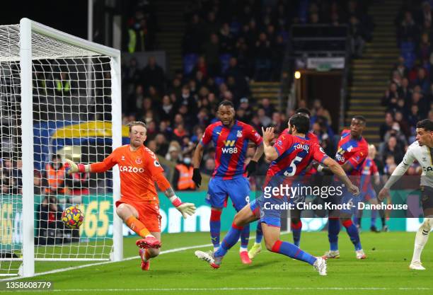 James Tomkins of Crystal Palace scores his teams second goal during the Premier League match between Crystal Palace and Everton at Selhurst Park on...