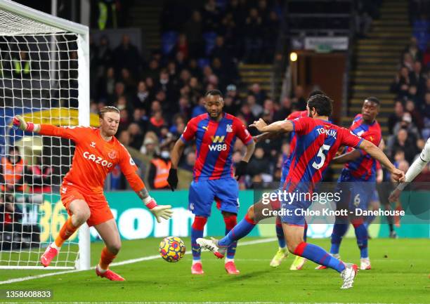 James Tomkins of Crystal Palace scores his teams second goal during the Premier League match between Crystal Palace and Everton at Selhurst Park on...