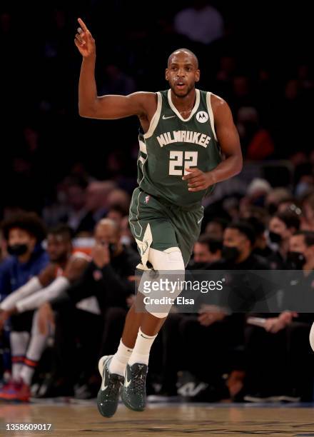Khris Middleton of the Milwaukee Bucks celebrates his three point shot in the first half against the New York Knicks at Madison Square Garden on...