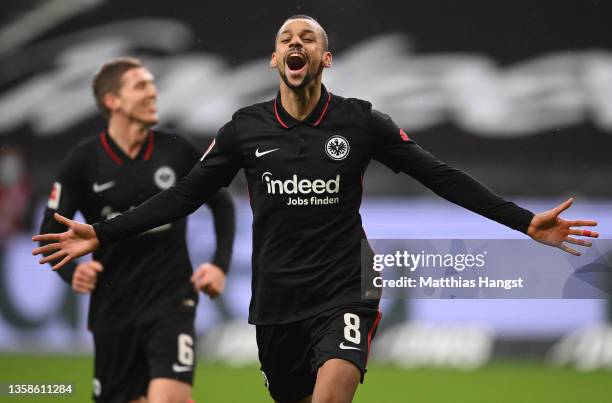 Djibril Sow of Frankfurt celebrates scoring his team's fifth goal during the Bundesliga match between Eintracht Frankfurt and Bayer 04 Leverkusen at...