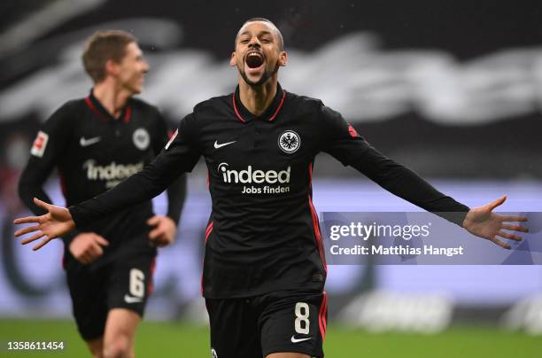 Djibril Sow of Frankfurt celebrates scoring his team's fifth goal during the Bundesliga match between Eintracht Frankfurt and Bayer 04 Leverkusen at...