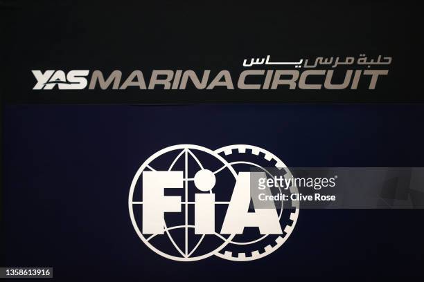The FIA logo is pictured after the F1 Grand Prix of Abu Dhabi at Yas Marina Circuit on December 12, 2021 in Abu Dhabi, United Arab Emirates.