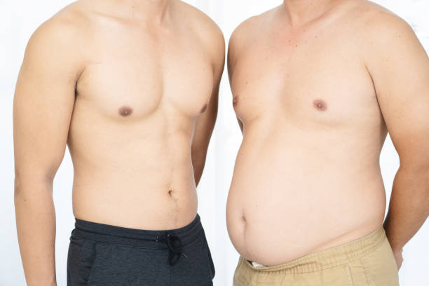 two naked men comparing belly fat and slim six pack - from fat to fit stock pictures, royalty-free photos & images