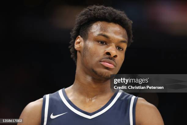 Bronny James of the Sierra Canyon Trailblazers during the Hoophall West tournament against the Perry Pumas at Footprint Center on December 11, 2021...