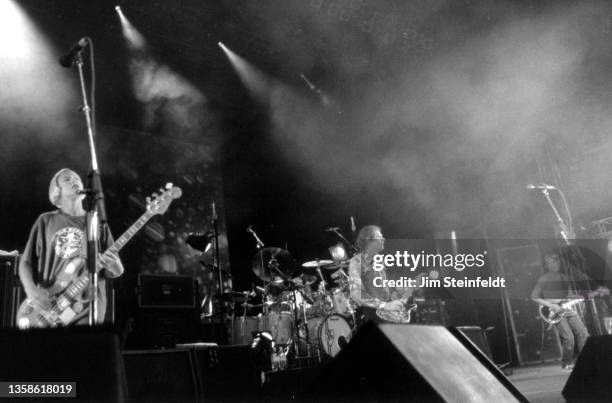 Rock band Smashing Pumpkins D'arcy Wretzky, Billy Corgan, James Iha perform at Lollapalooza on Harriet Island in St. Paul, Minnesota on July 12, 1994.