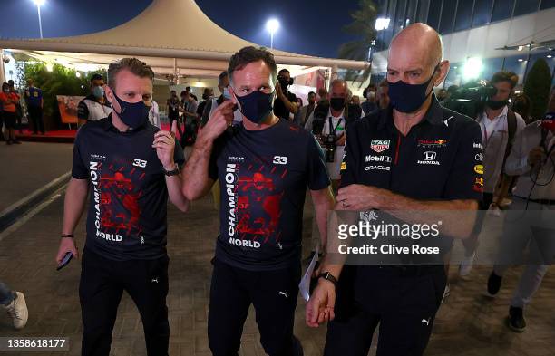 Red Bull Racing Team Principal Christian Horner and Adrian Newey, the Chief Technical Officer of Red Bull Racing walk from the FIA Stewards Office...