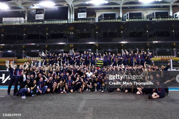 Race winner and 2021 F1 World Drivers Champion Max Verstappen of Netherlands and Red Bull Racing celebrates with his team after the F1 Grand Prix of...