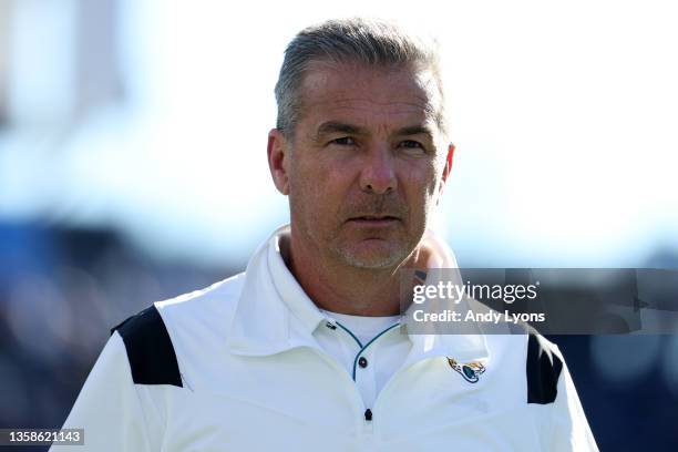 Head coach Urban Meyer of the Jacksonville Jaguars looks on against the Jacksonville Jaguars during the first half at Nissan Stadium on December 12,...