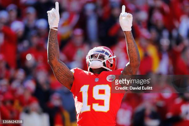 Josh Gordon of the Kansas City Chiefs celebrates after catching the ball for a touchdown during the second quarter against the Las Vegas Raiders at...