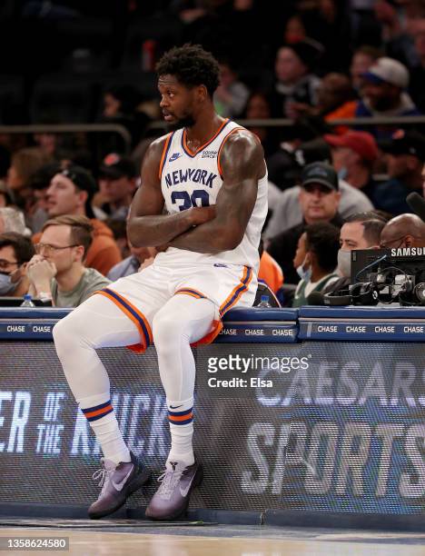 Julius Randle of the New York Knicks waits to enter the game in the second half against the Milwaukee Bucks at Madison Square Garden on December 12,...