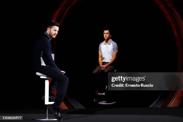 Alessandro Cattelan and Tom Holland attend the press conference of the movie "Spider-Man: No Way Home" at Cinecitta Studios on December 12, 2021 in...