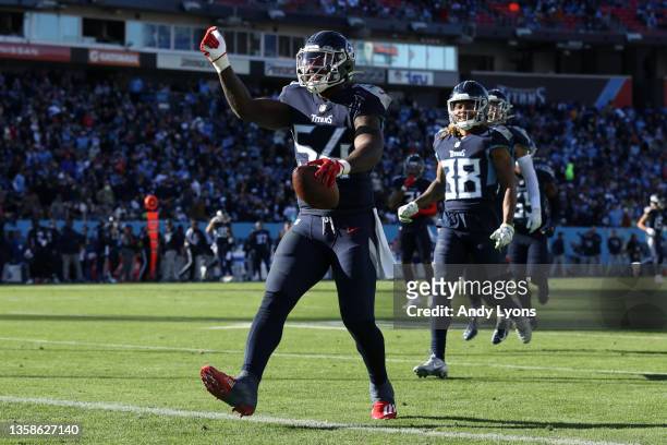 Rashaan Evans of the Tennessee Titans celebrates after intercepting a pass from Trevor Lawrence of the Jacksonville Jaguars during the third quarter...