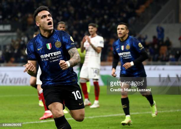 Lautaro Martinez of Internazionale celebrates scoring the opening goal during the Serie A match between FC Internazionale and Cagliari Calcio at...