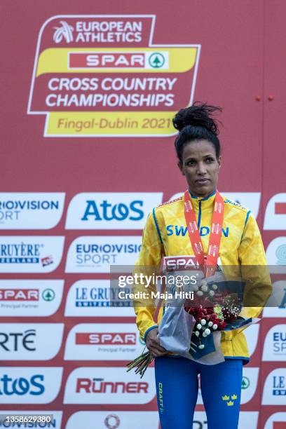 Meraf Bahta of Sweden during medal ceremony of Women Senior Race at SPAR European Cross Country Championships 2021 on December 12, 2021 in Sport...