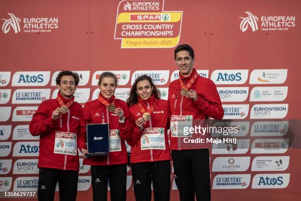 Team Belgium during medal ceremony of Mixed Team 4x1500 race during SPAR European Cross Country Championships 2021 on December 12, 2021 in Sport...