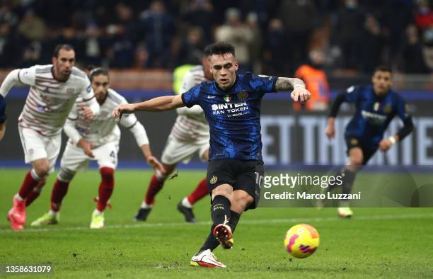 Lautaro Martinez of Internazionale fails to score from the penalty spot during the Serie A match between FC Internazionale and Cagliari Calcio at...