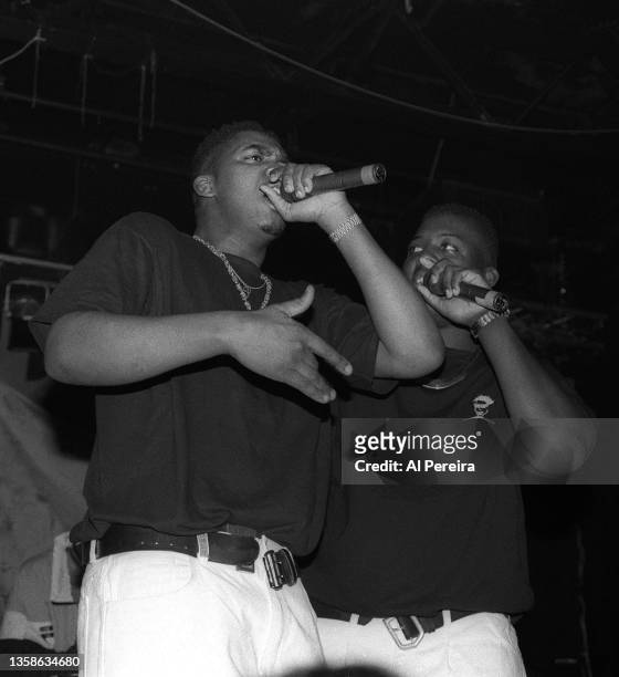 Erick Sermon and Parrish Smith and the Rap group EPMD performs when Run-DMC headlines a rap concert club date at The Marquee on April 2, 1991 in New...